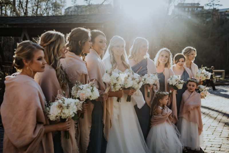 Bride and bridesmaid formals, peach shawls, sun flare Atlanta Wedding Photographer Bride Groom Formals