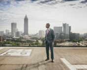 Atlanta Wedding Photographers Ventana's Rooftop Groom Portrait City Skyline