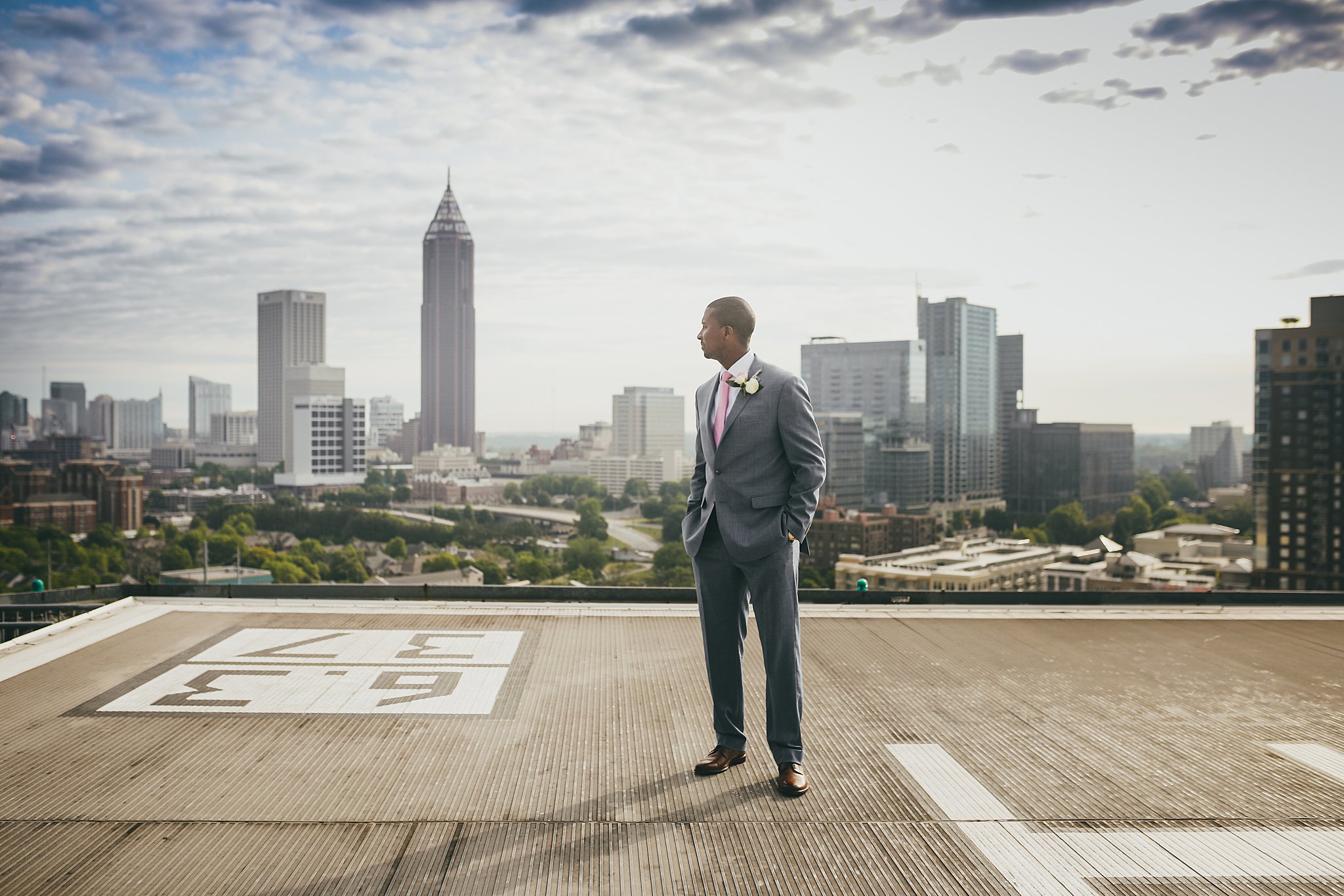 Atlanta Wedding Photographers Ventana's Rooftop Groom Portrait City Skyline